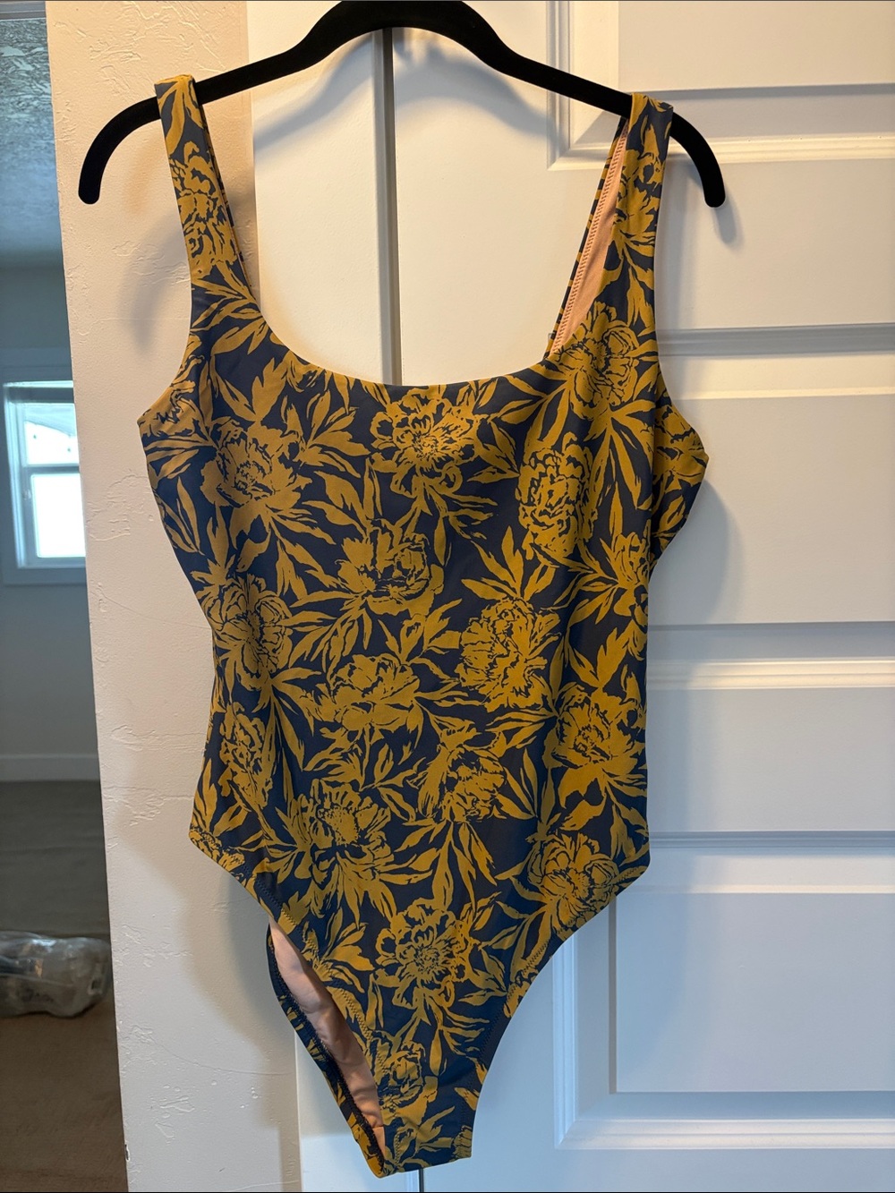 Madewell Navy Blue One-Piece swimsuit with Mustard Floral Print